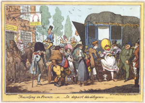 Cruikshank's cartoon of a "Dilligence" departing on its journey in France.